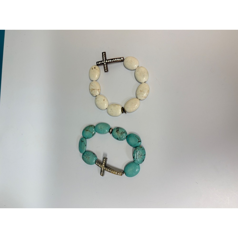 Set of 2 Rhinestone Sideways Cross Stretch Bracelets Turquoise and White Beads‎